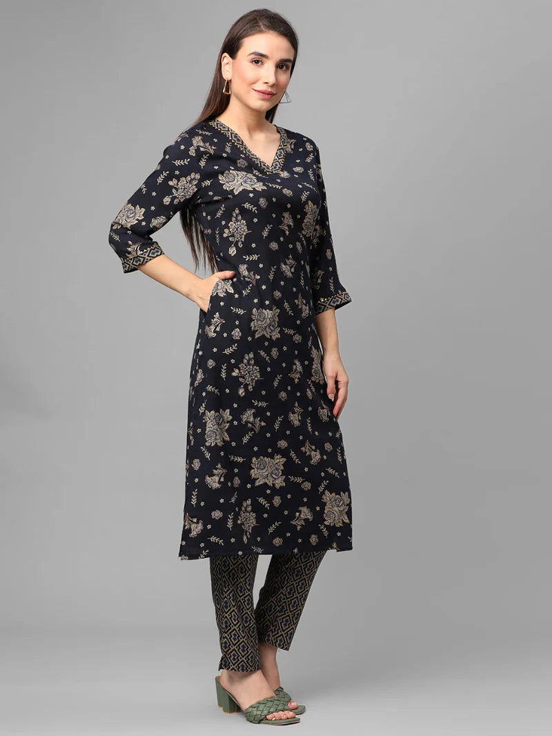 Navy Blue Floral Kurta with Trousers