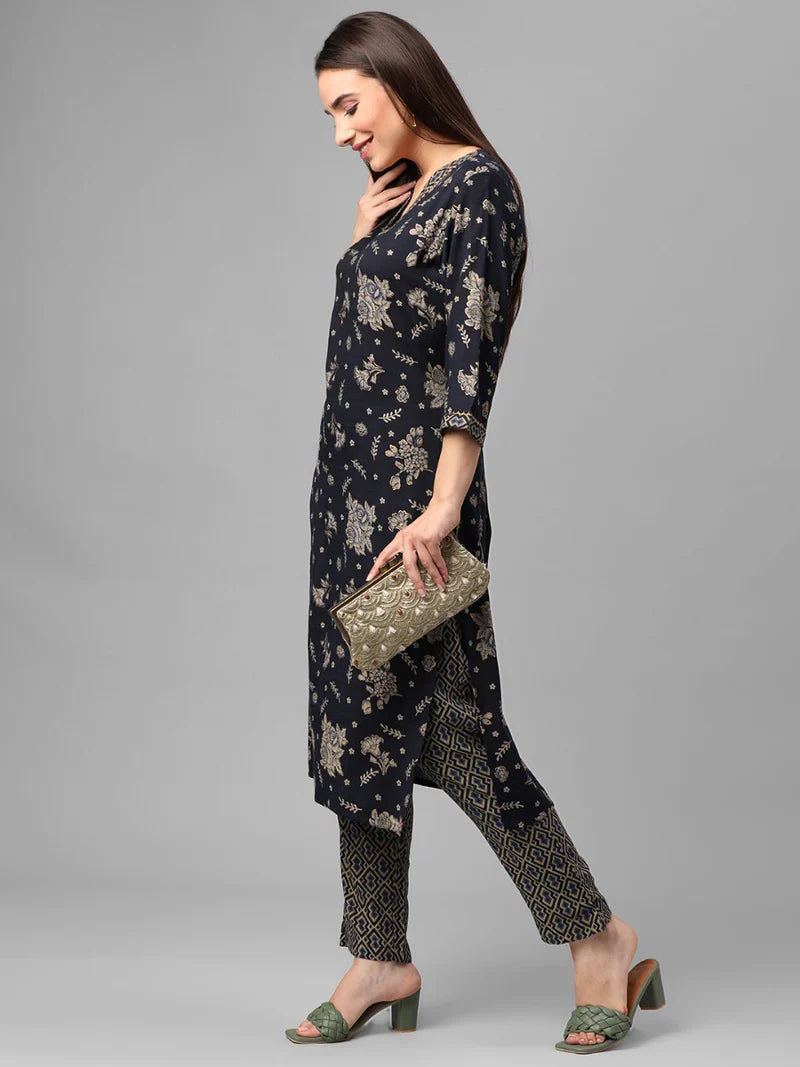 Navy Blue Floral Kurta with Trousers