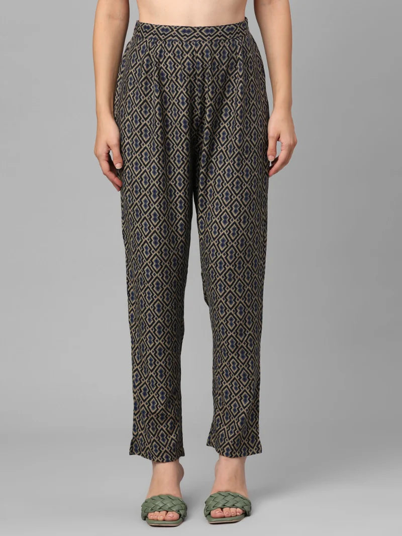 Navy Blue Floral Kurta with Trousers