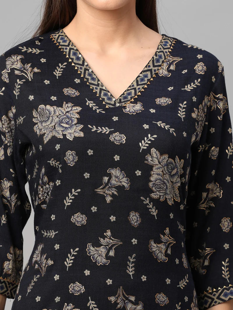 Navy Blue Floral Kurta with Trousers