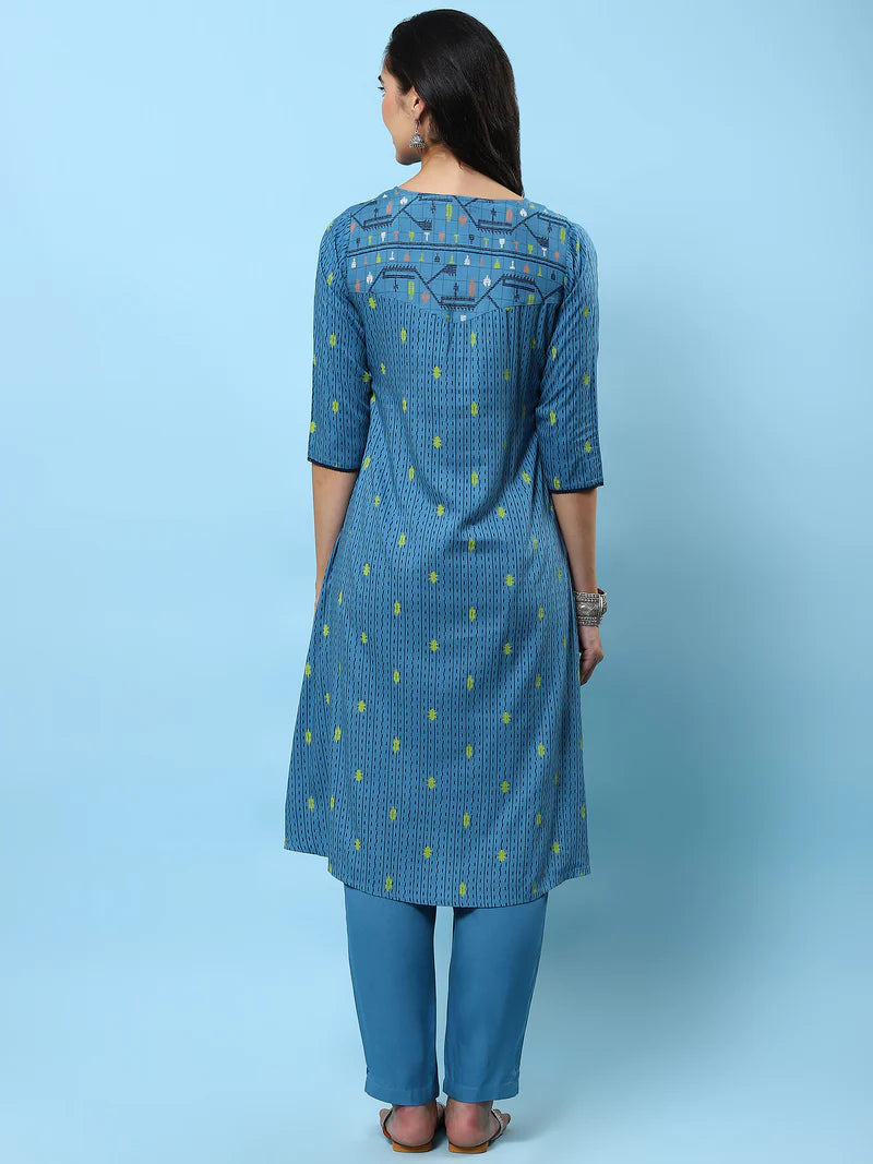 Steel Blue Aztec Printed Kurta with Trouser