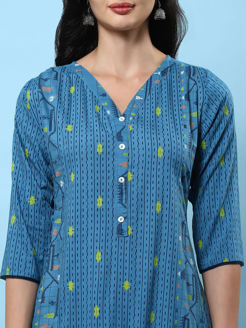 Steel Blue Aztec Printed Kurta with Trouser