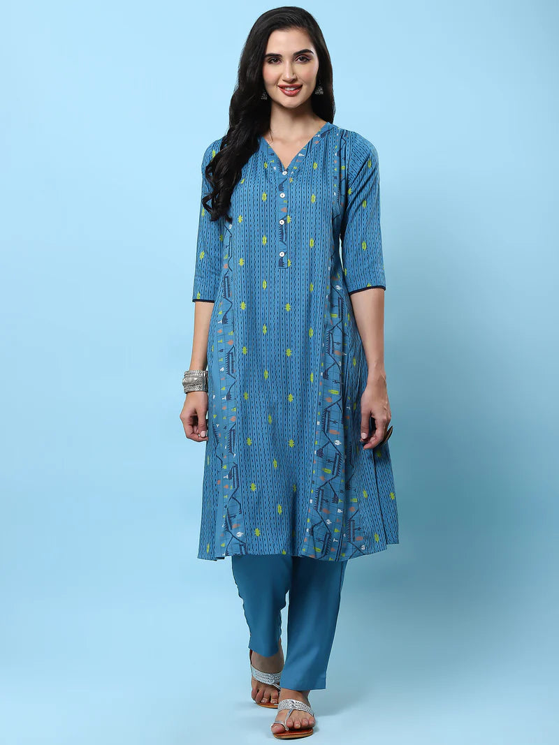 Steel Blue Aztec Printed Kurta with Trouser