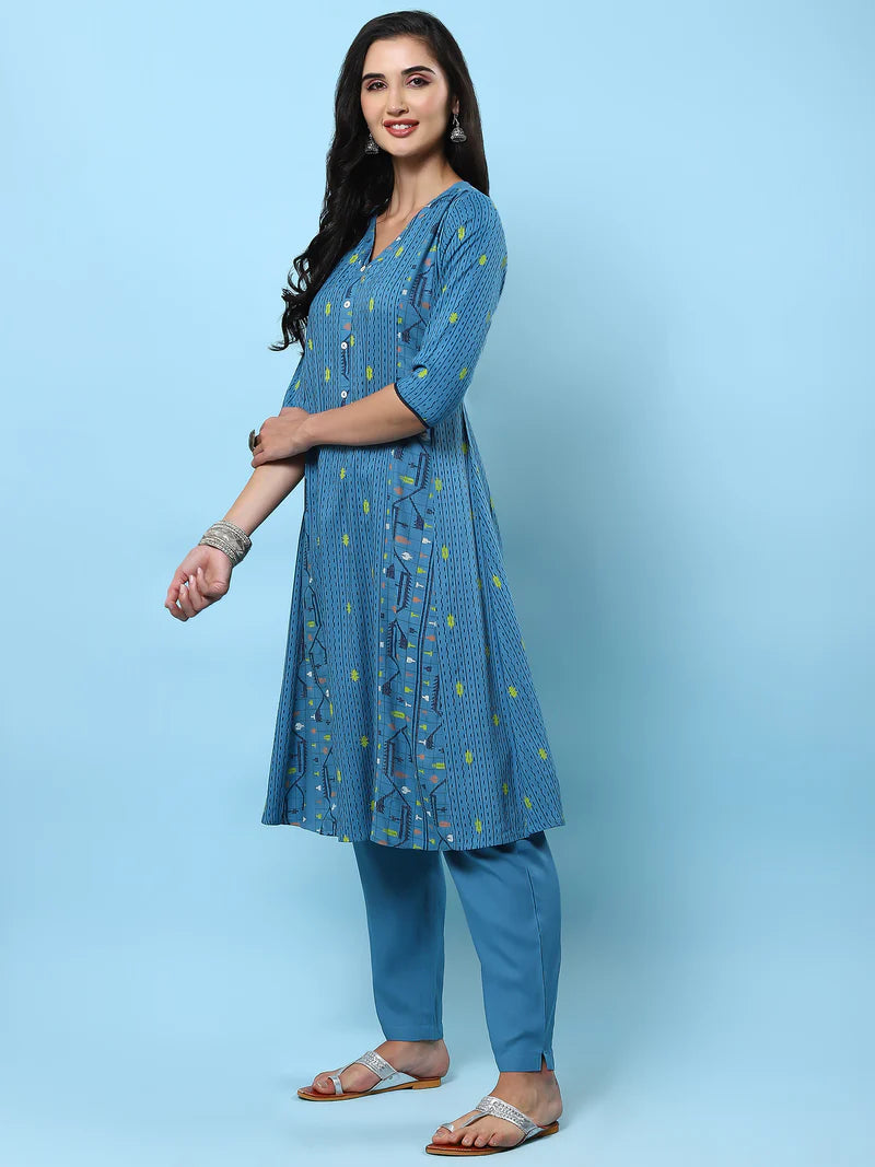 Steel Blue Aztec Printed Kurta with Trouser