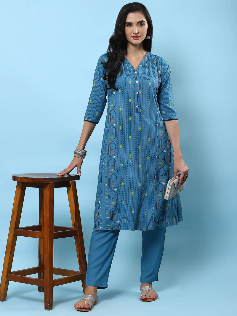 Steel Blue Aztec Printed Kurta with Trouser