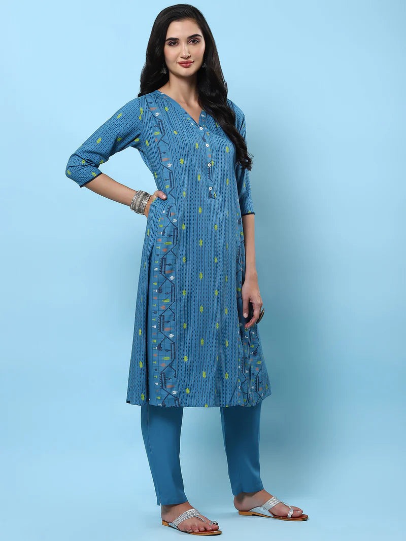 Steel Blue Aztec Printed Kurta with Trouser