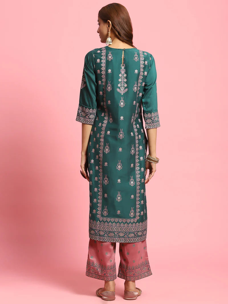 Green Ornamental Printed Kurta with Comfort Pant