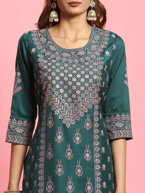 Green Ornamental Printed Kurta with Comfort Pant