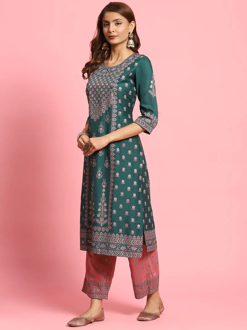 Green Ornamental Printed Kurta with Comfort Pant
