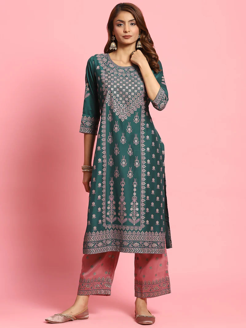 Green Ornamental Printed Kurta with Comfort Pant