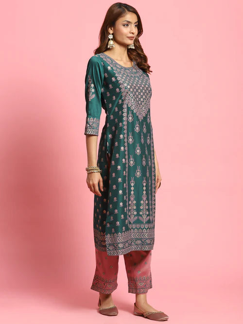 Green Ornamental Printed Kurta with Comfort Pant