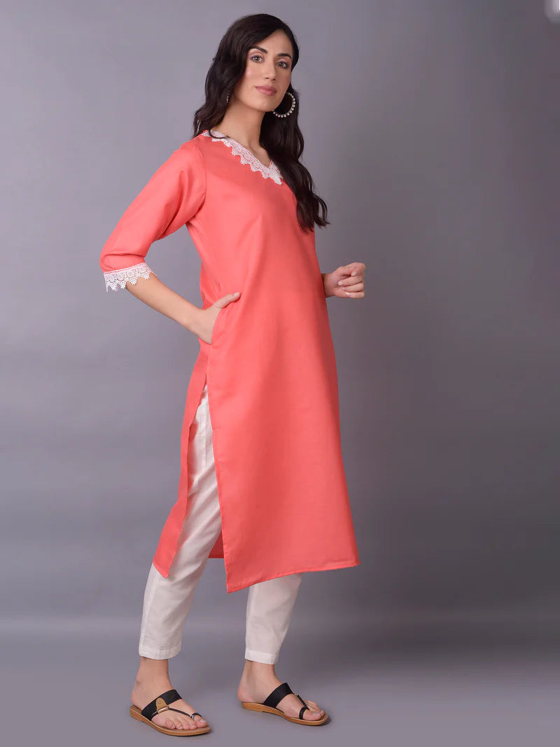 Aadhya Peach Solid Cotton Kurta