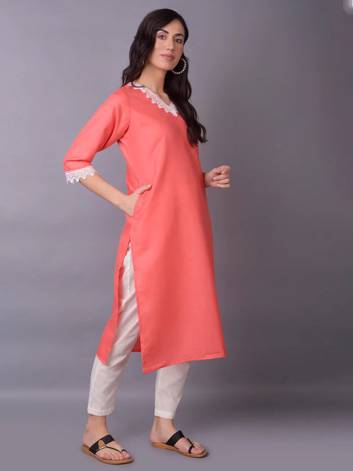 Aadhya Peach Solid Cotton Kurta