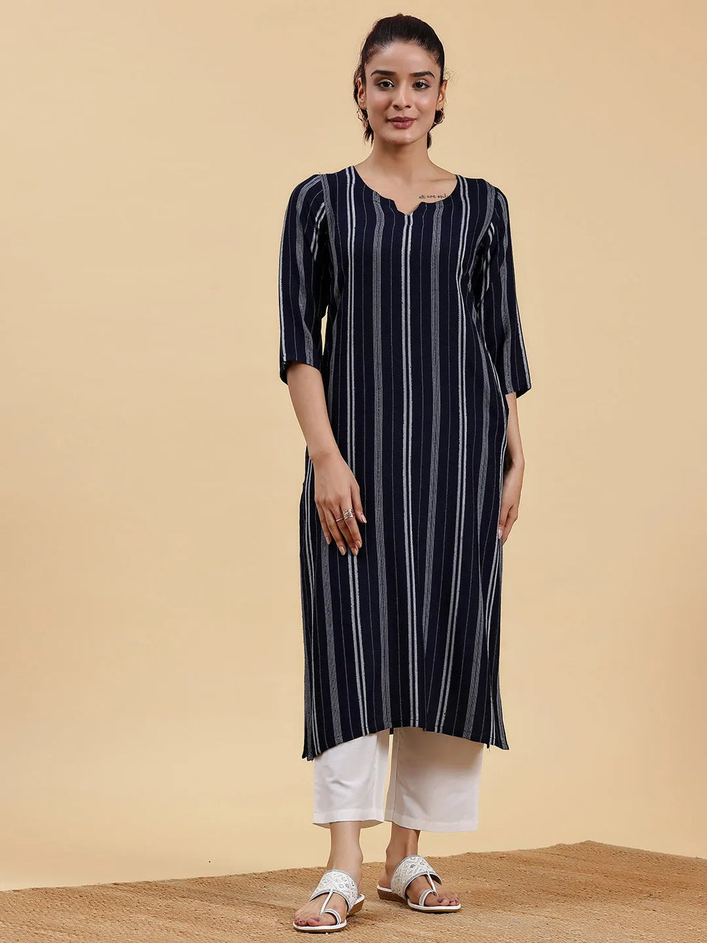 Myra Navy Woven Straight Kurta
