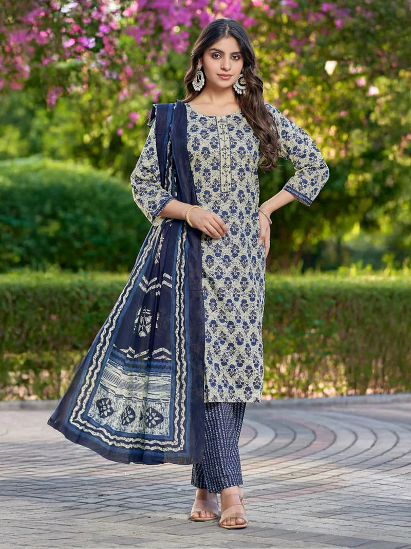 Indiessence Indigo Floral Cotton Kurta Set with Dupatta