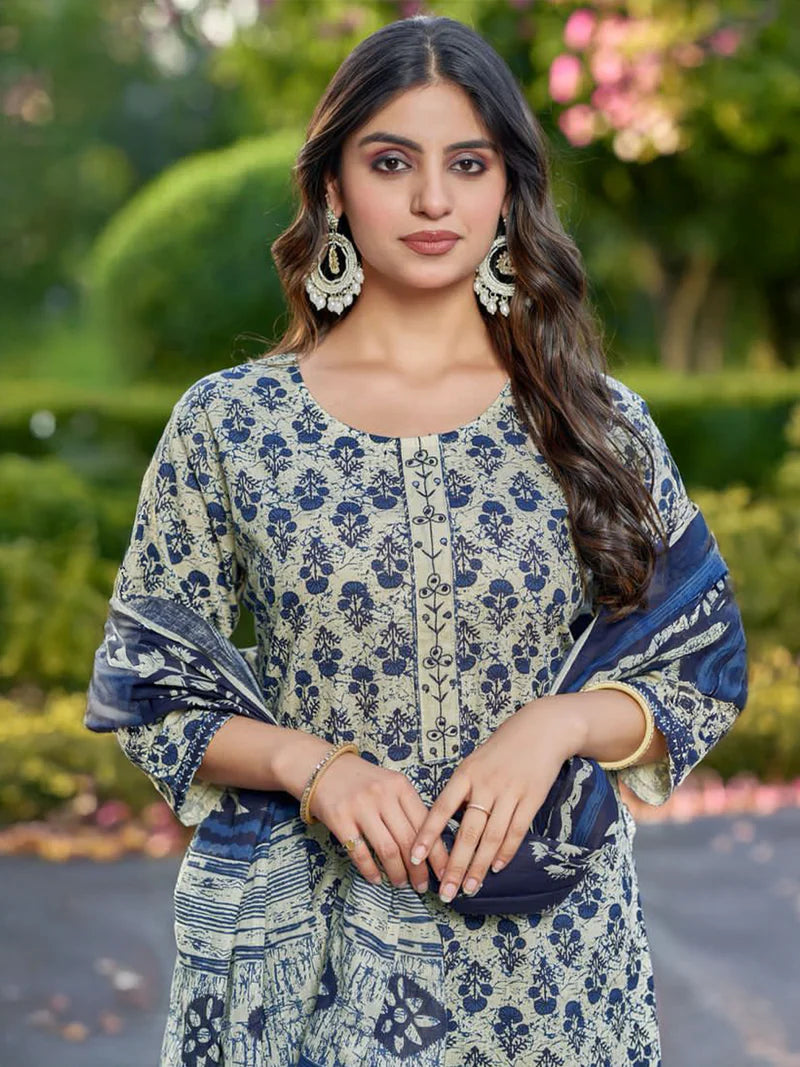 Indiessence Indigo Floral Cotton Kurta Set with Dupatta