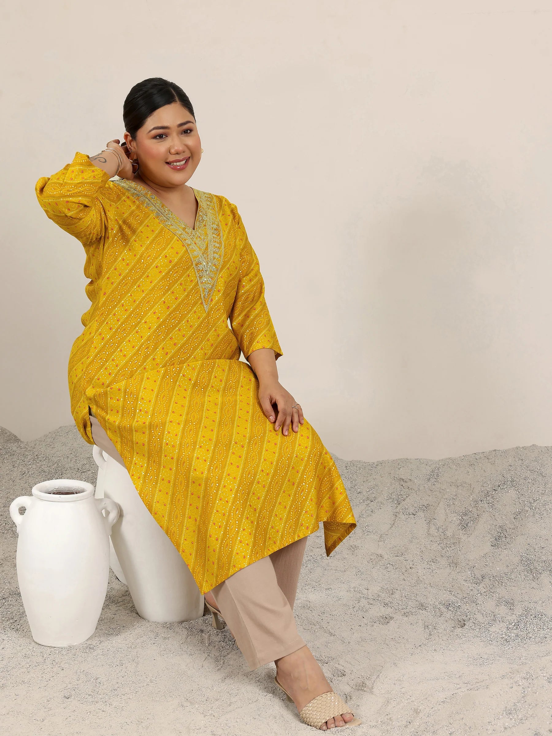 Golden Bandhej Silk Kurta