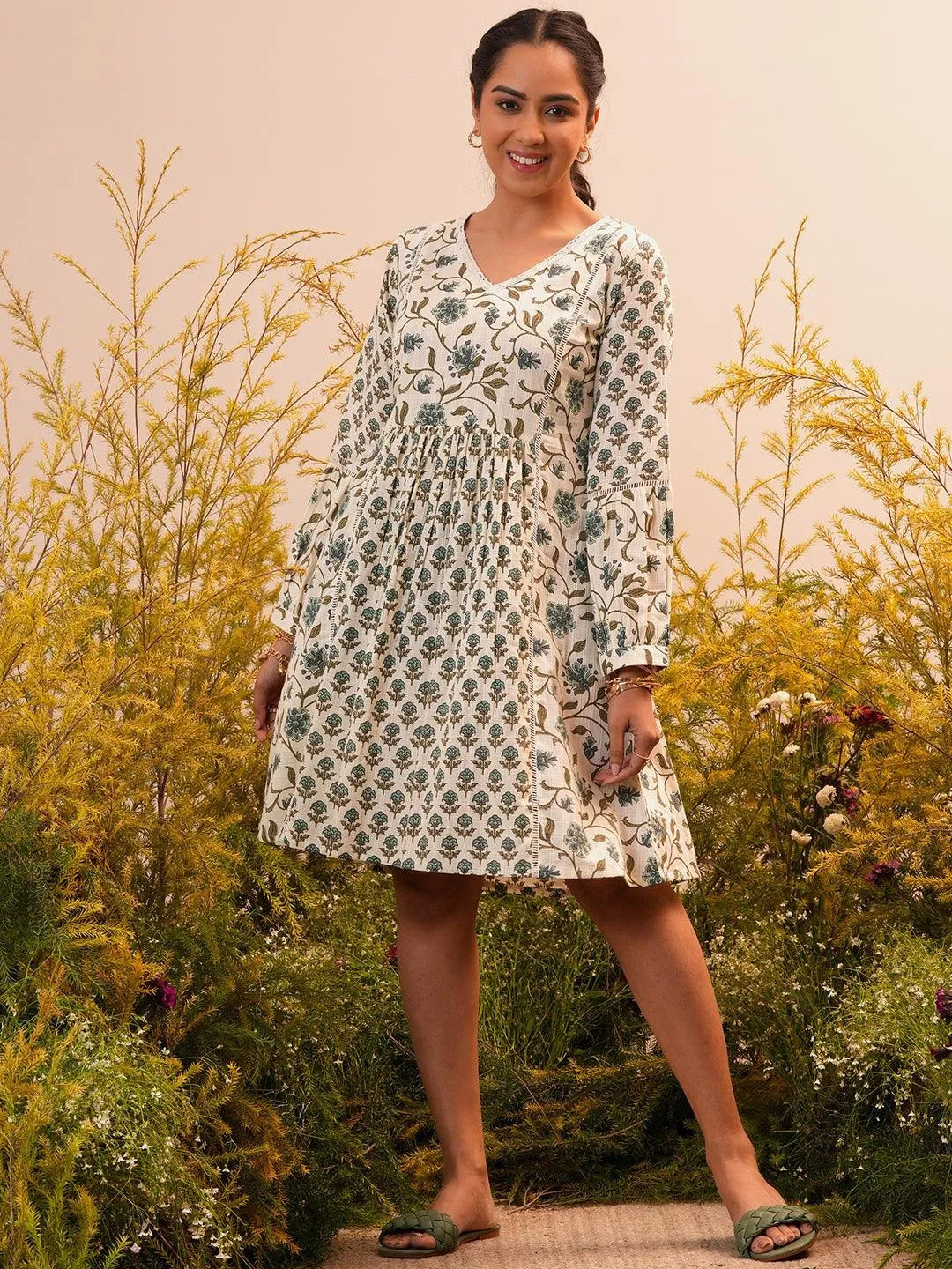 Sand Bloom A-Line Cotton Midi Dress