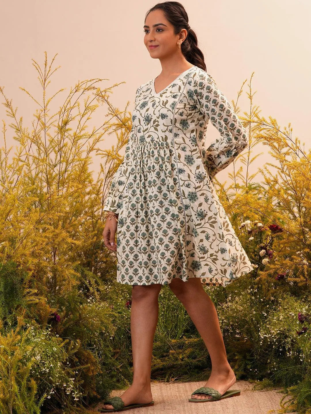 Sand Bloom A-Line Cotton Midi Dress