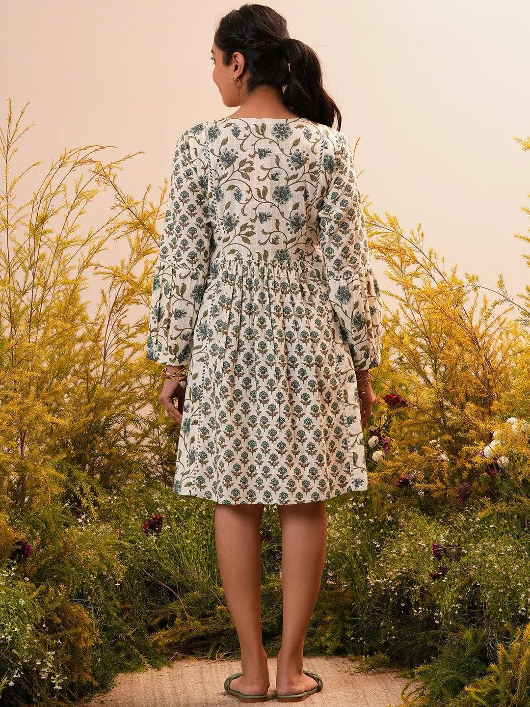 Sand Bloom A-Line Cotton Midi Dress