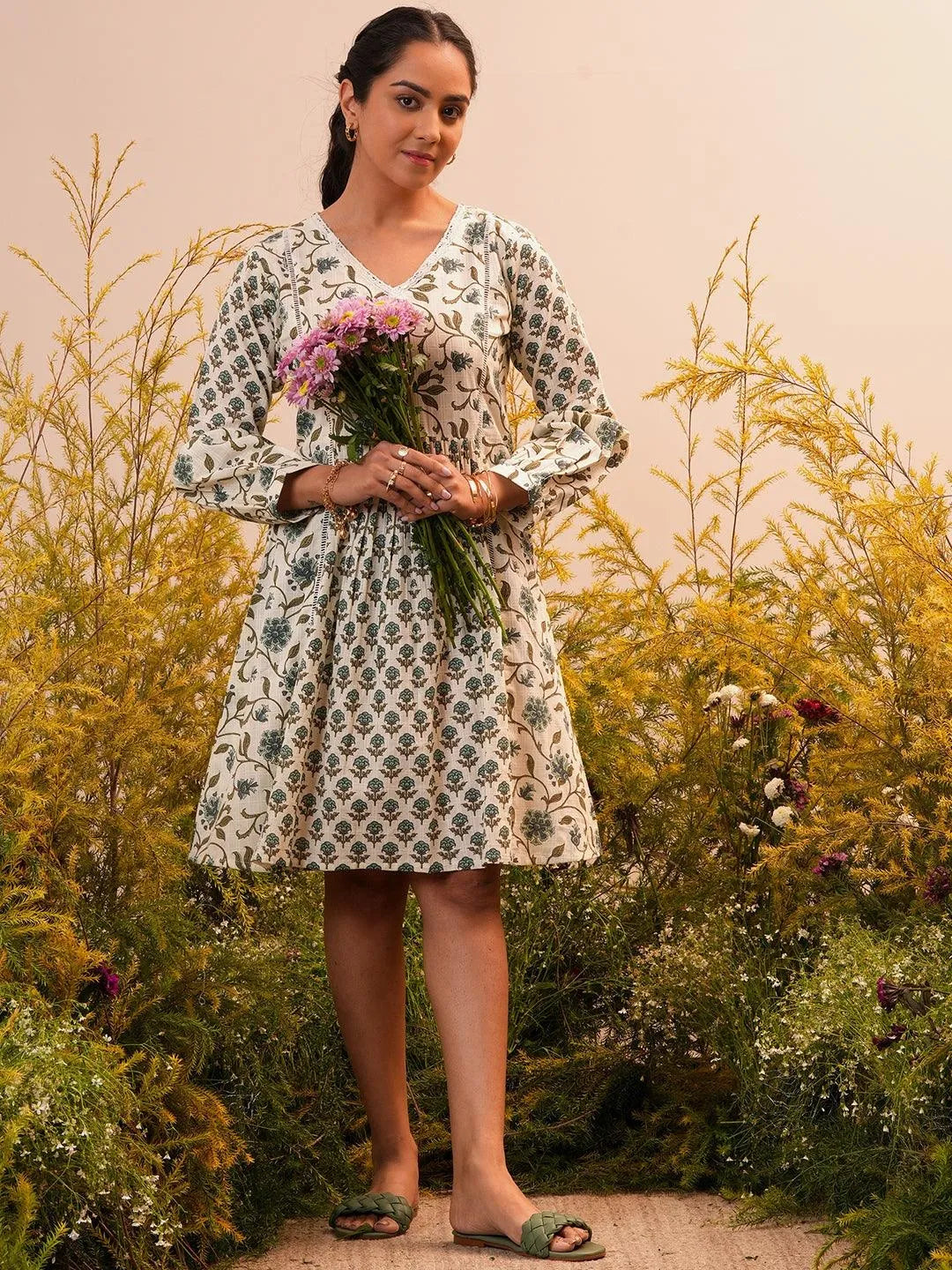 Sand Bloom A-Line Cotton Midi Dress