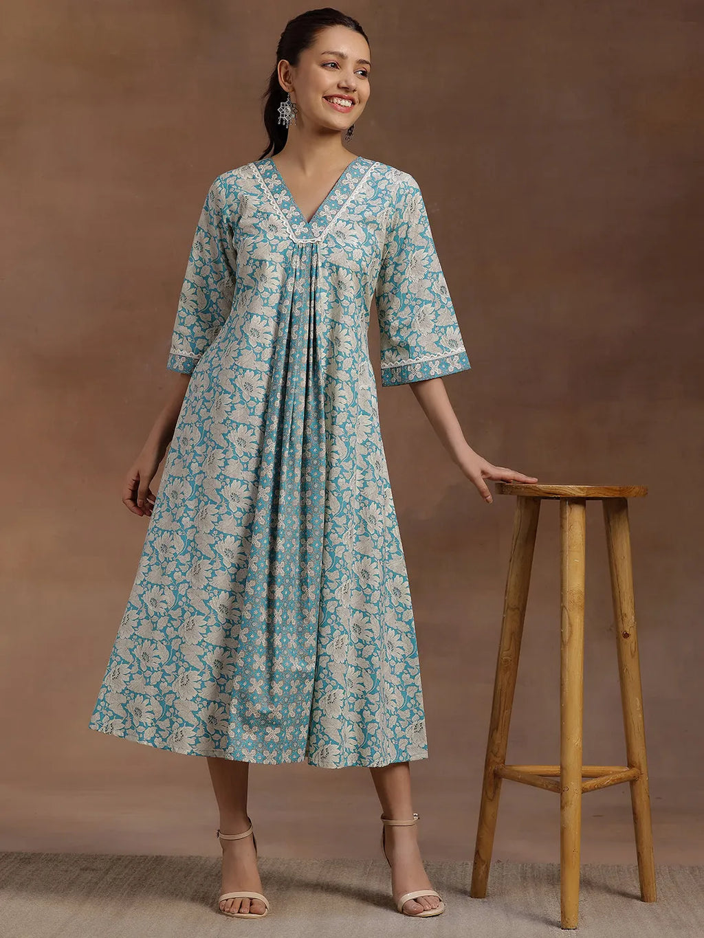 Azure Bloom Cotton A-Line Dress