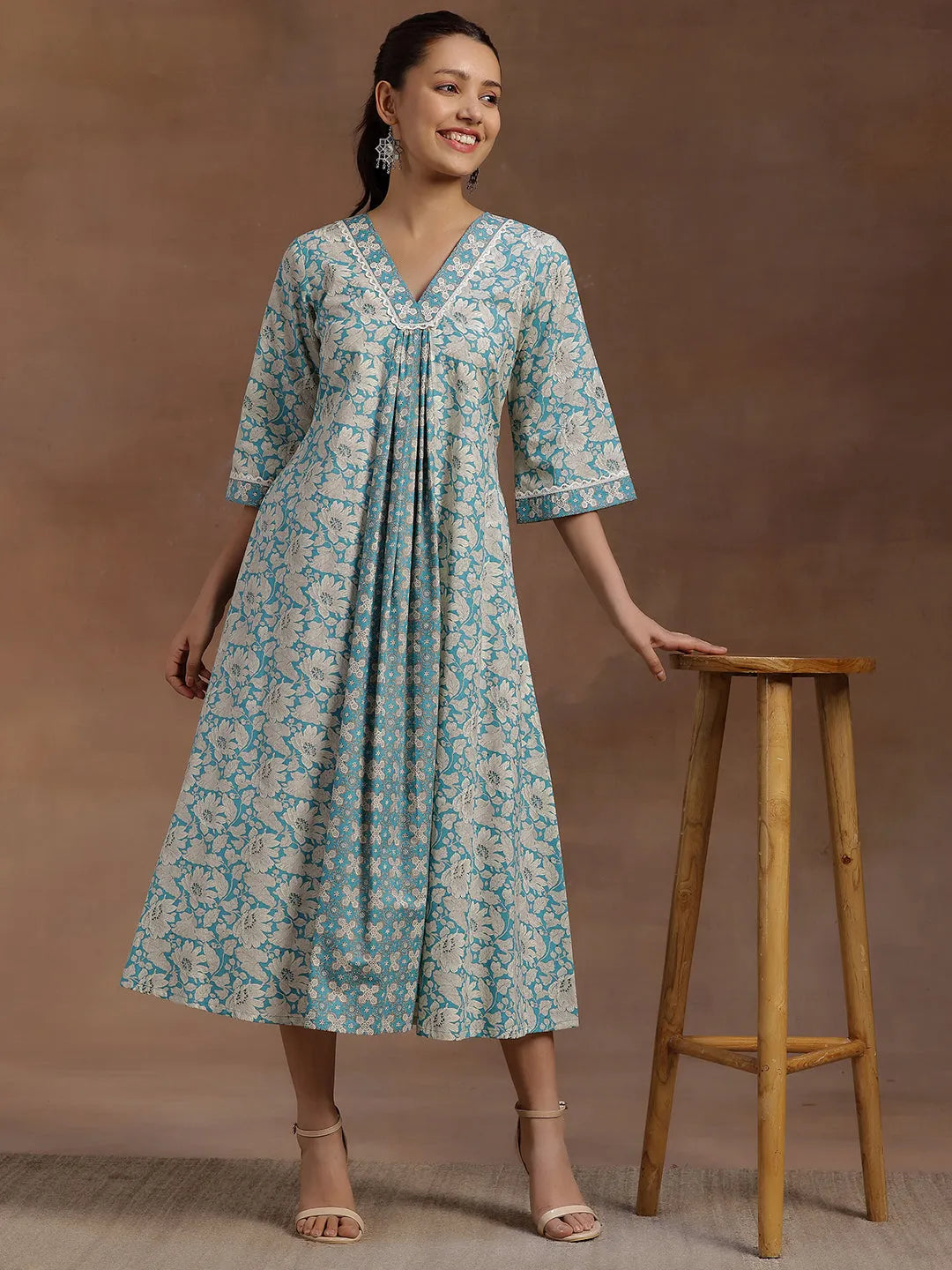 Azure Bloom Cotton A-Line Dress