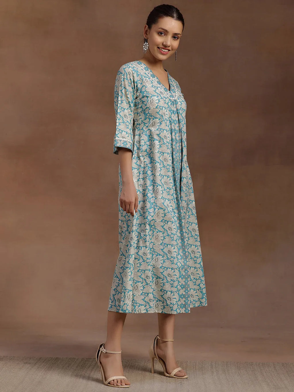 Azure Bloom Cotton A-Line Dress