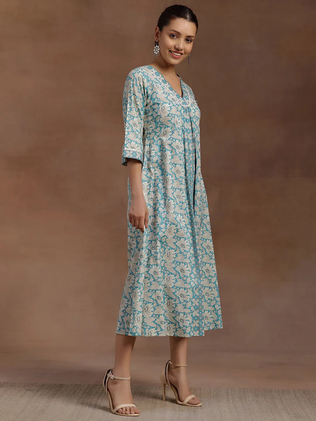 Azure Bloom Cotton A-Line Dress