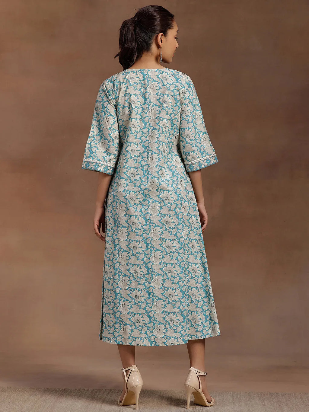 Azure Bloom Cotton A-Line Dress