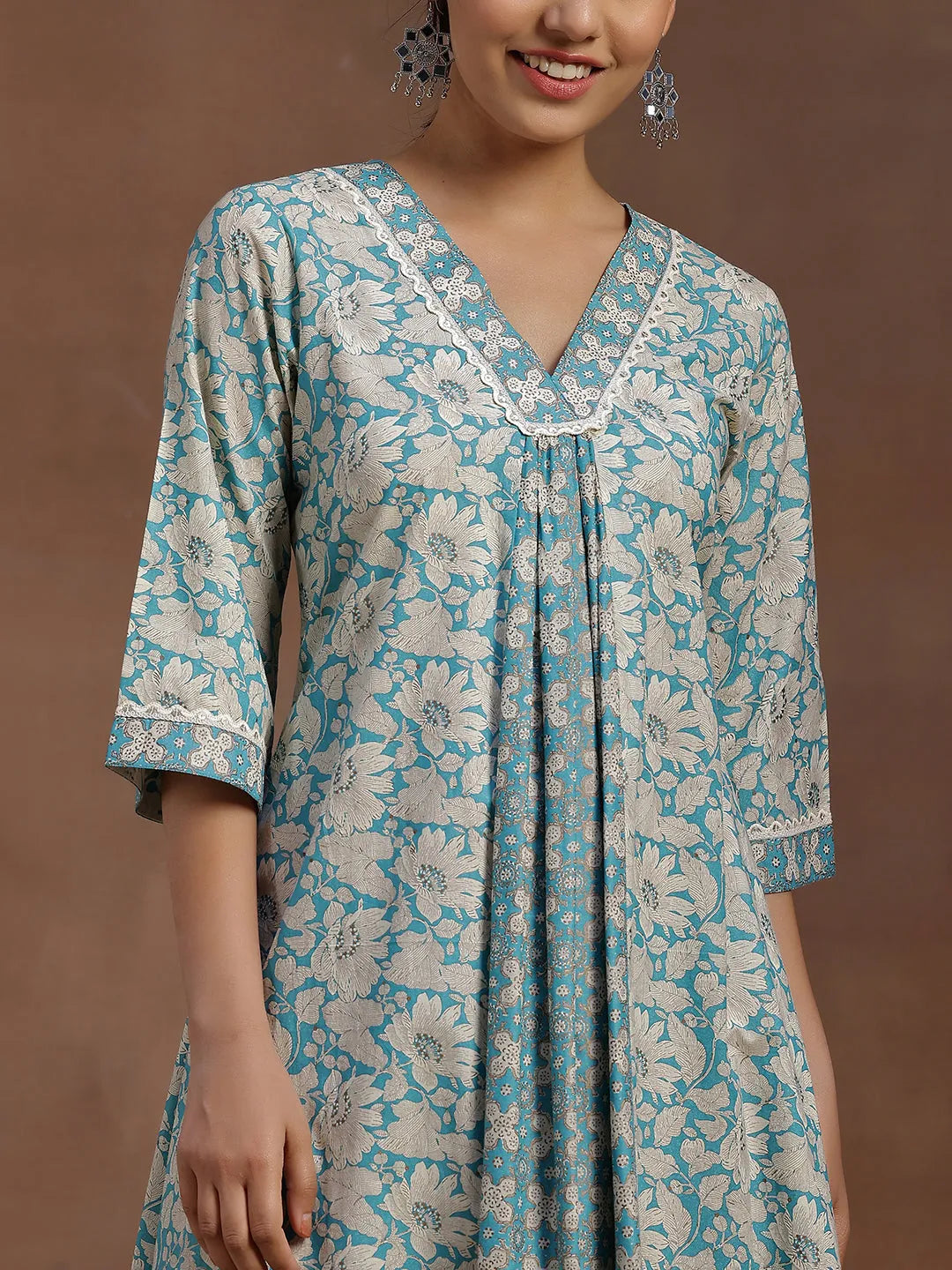 Azure Bloom Cotton A-Line Dress