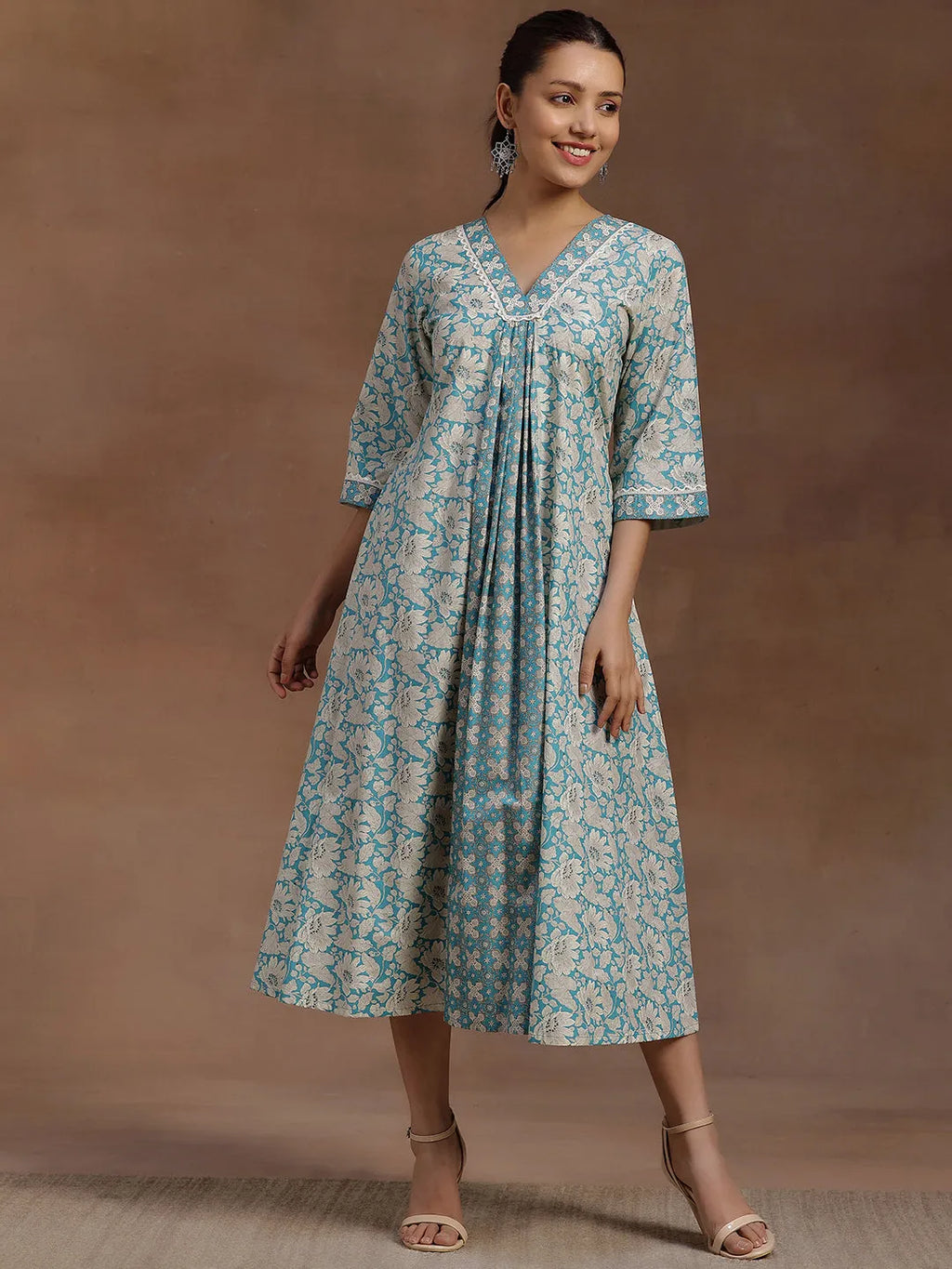 Azure Bloom Cotton A-Line Dress