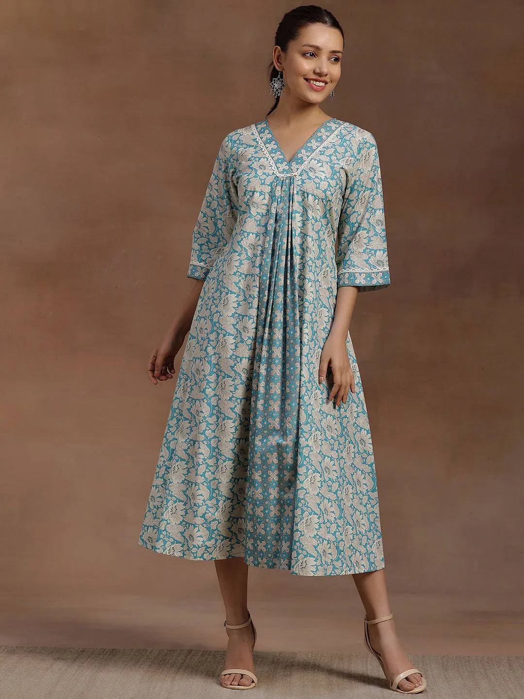 Azure Bloom Cotton A-Line Dress