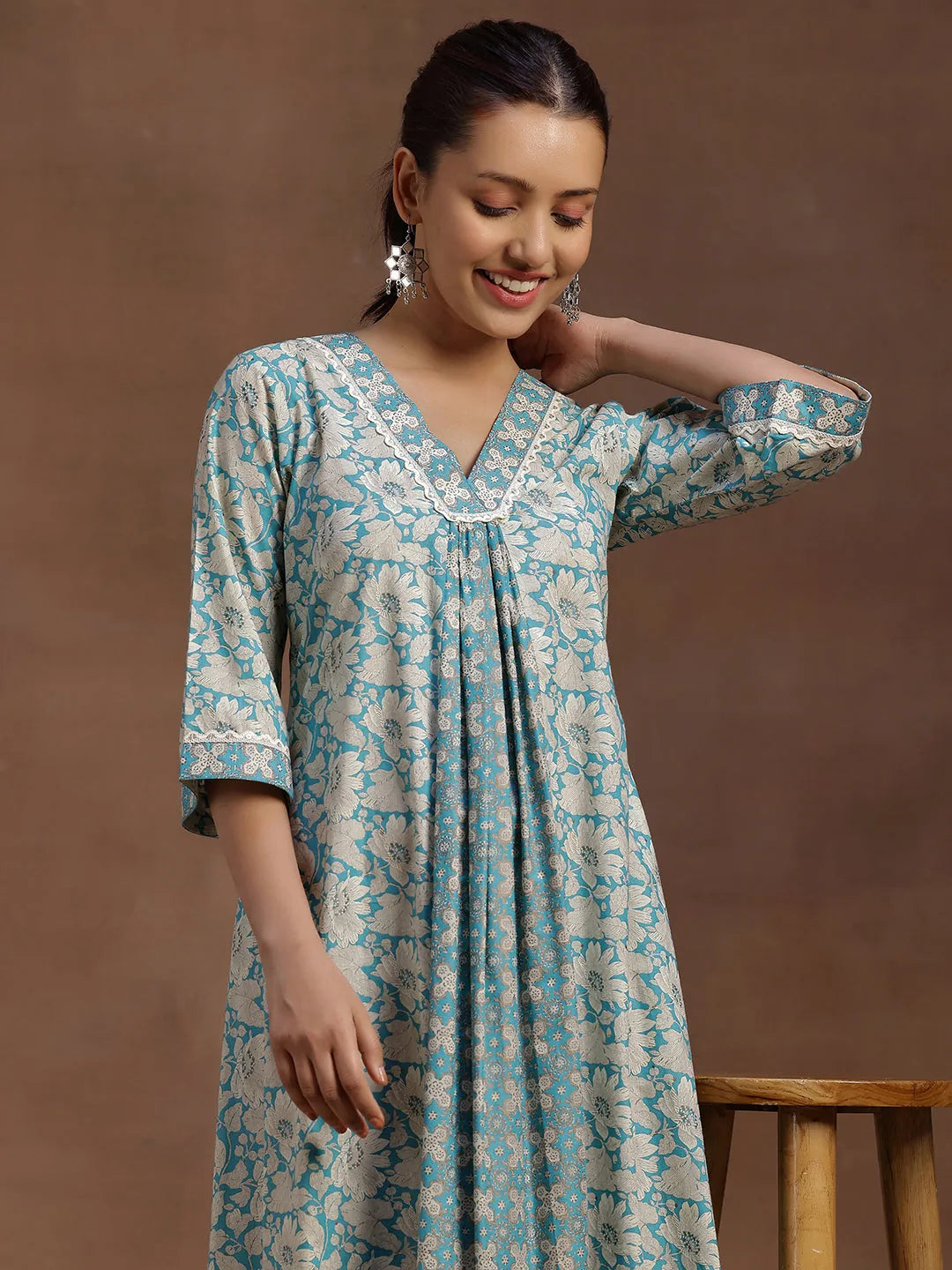 Azure Bloom Cotton A-Line Dress