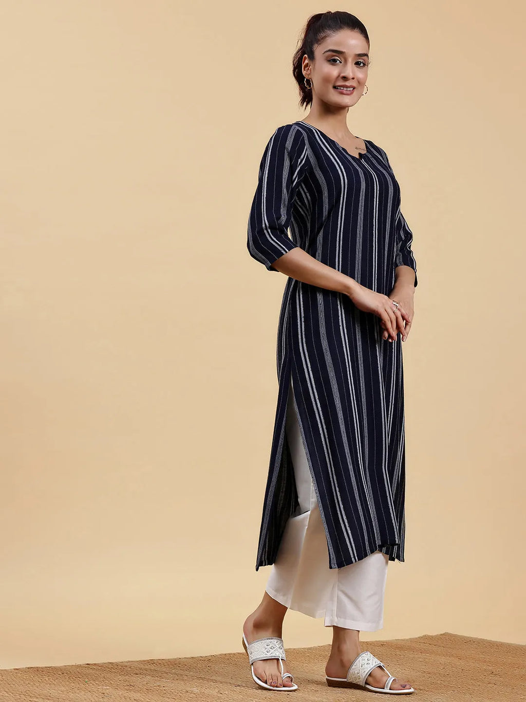 Myra Navy Woven Straight Kurta