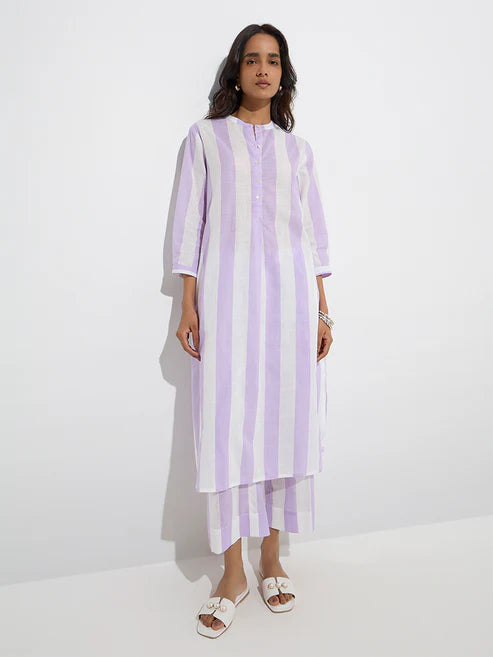 Anvi Lilac Striped A-Line Cotton Kurta