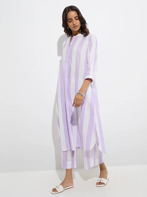 Anvi Lilac Striped A-Line Cotton Kurta
