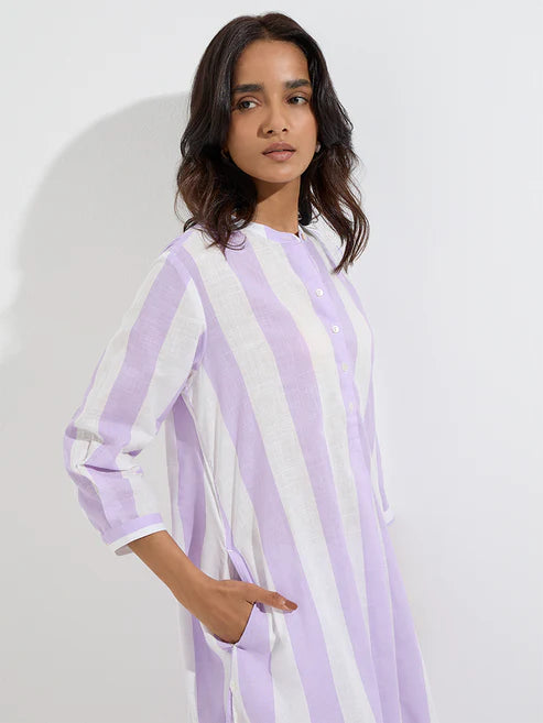 Anvi Lilac Striped A-Line Cotton Kurta