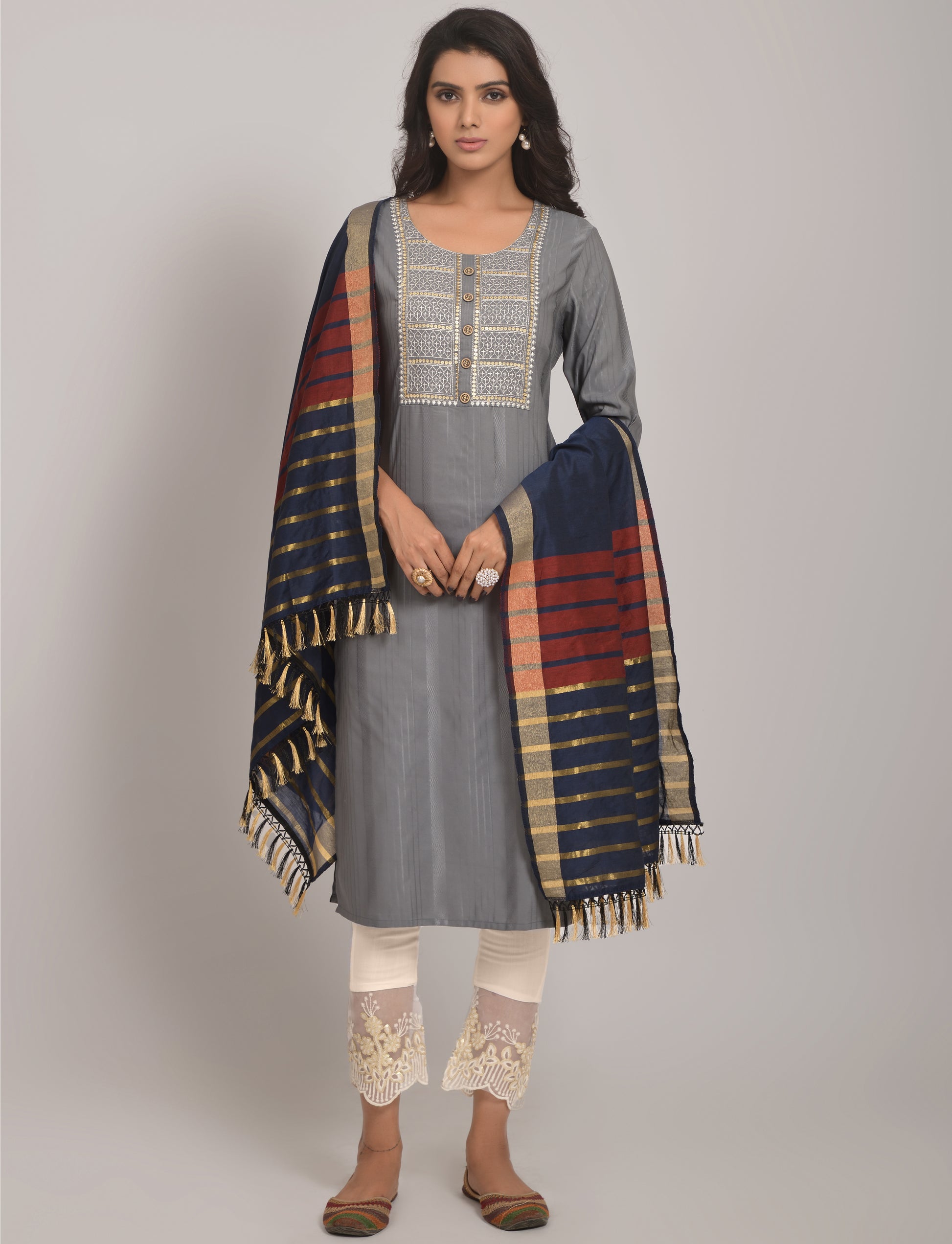 Viscose Rayon Kurta Set with Pant & Jacquard Dupatta