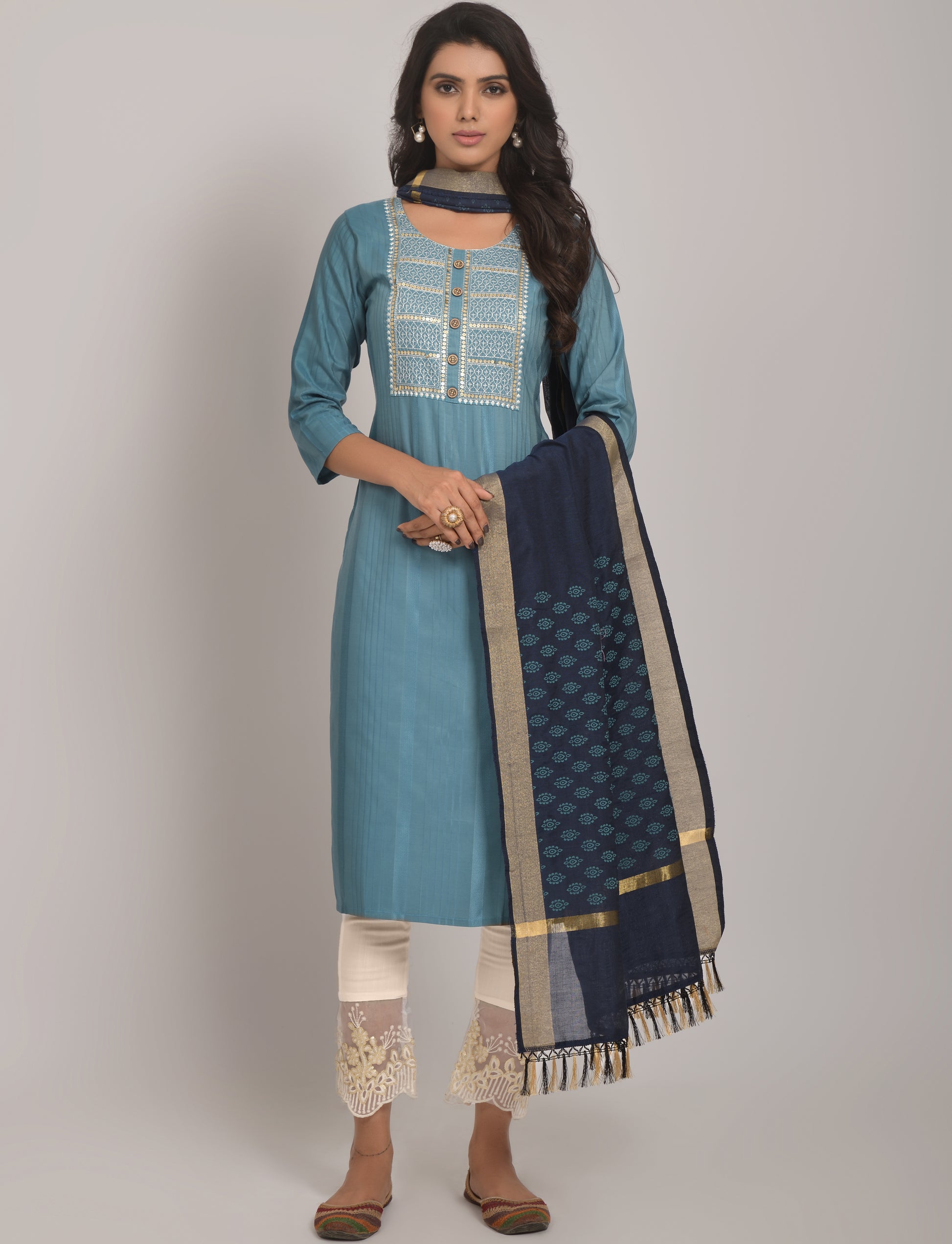 Aara Kurta Set with Pant & Jacquard Dupatta