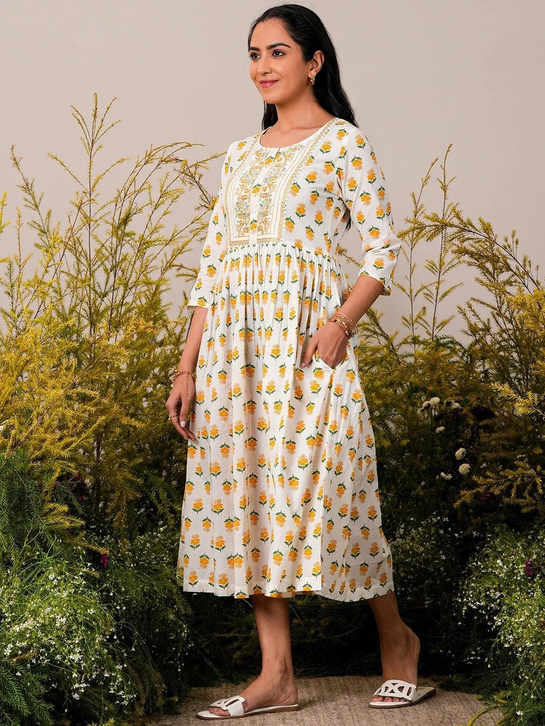 Ivory Meadow Fit & Flare Cotton Dress