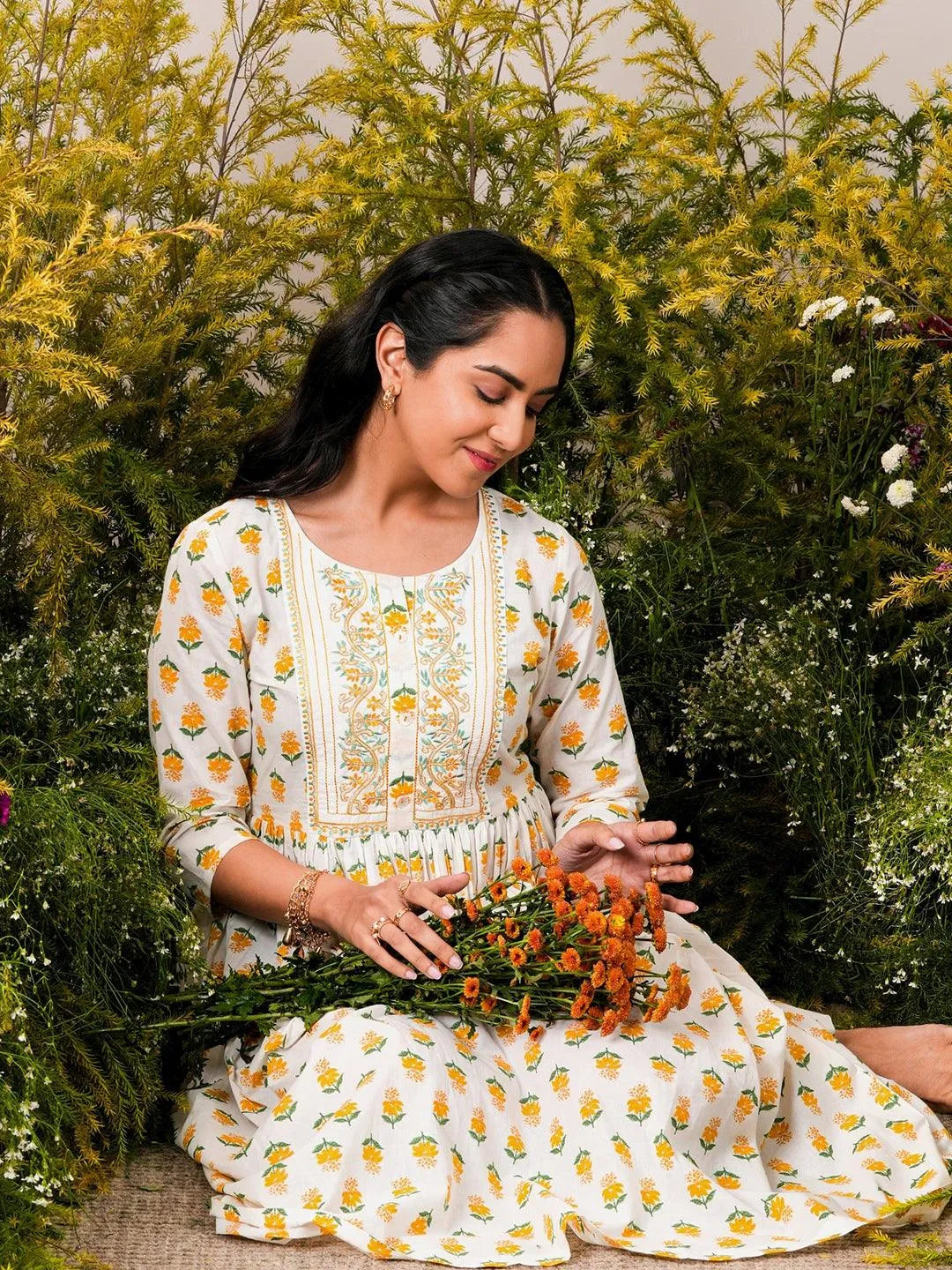 Ivory Meadow Fit & Flare Cotton Dress