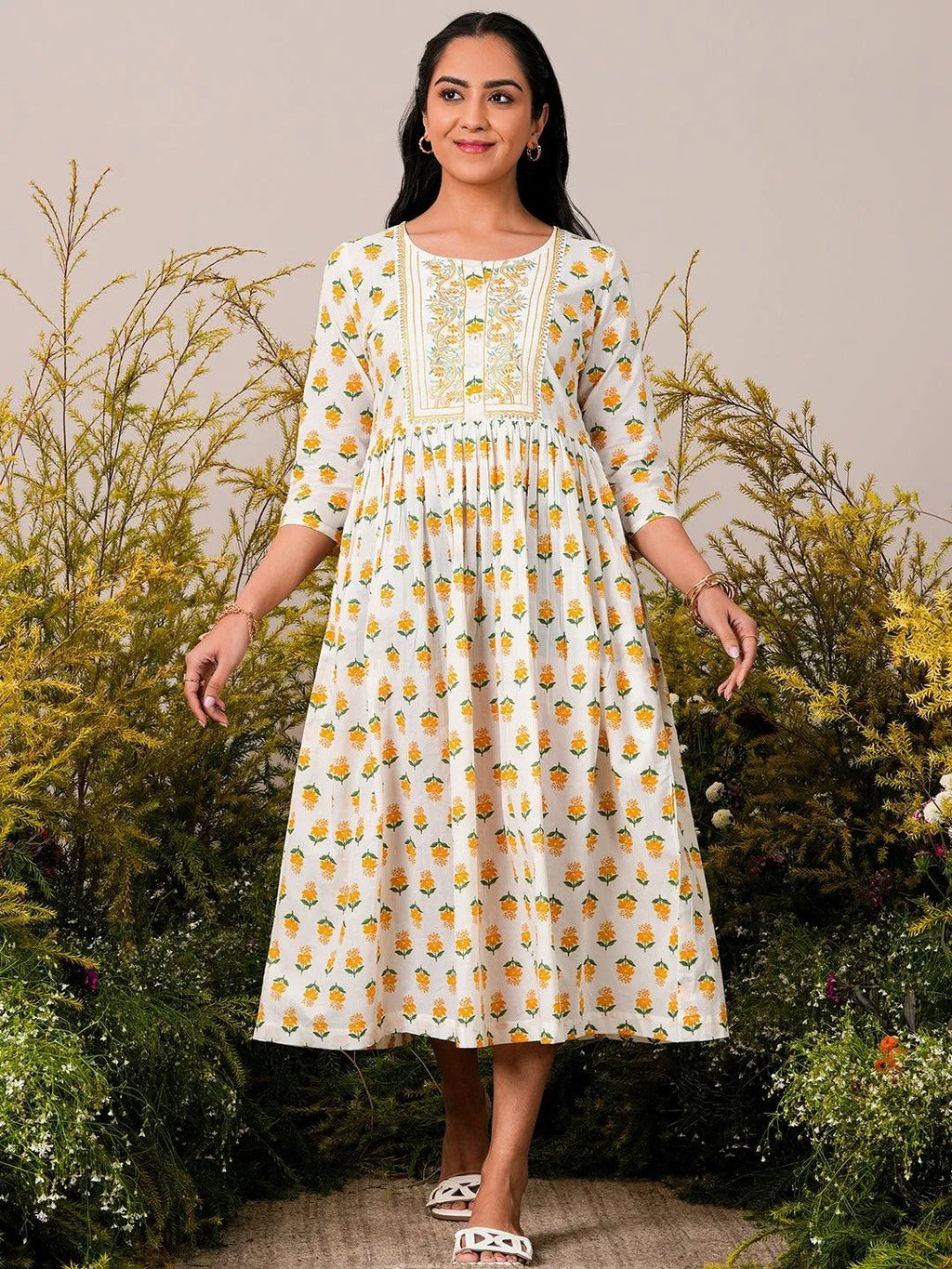 Ivory Meadow Fit & Flare Cotton Dress