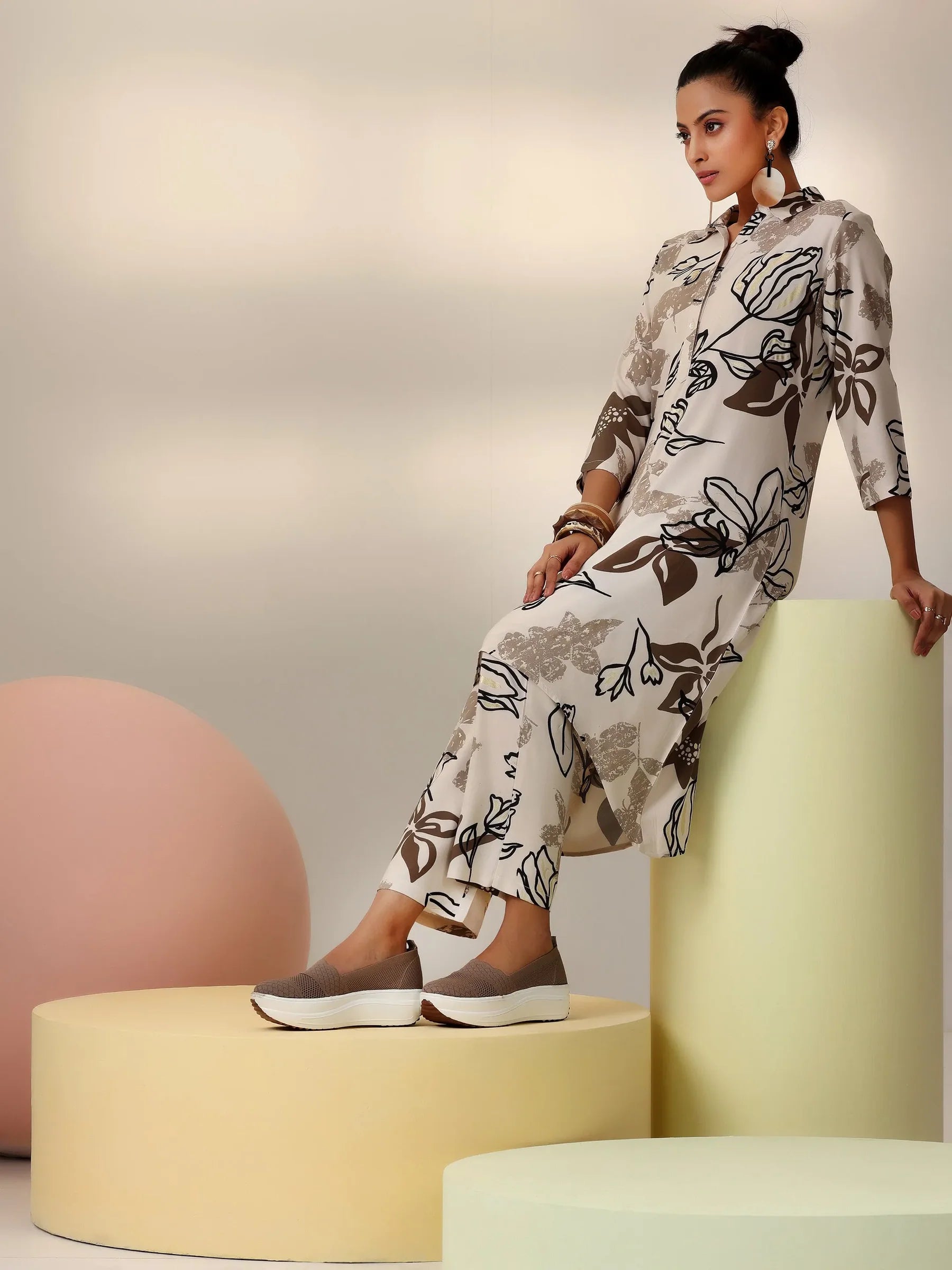 Beige Blossom Rayon Co-ord Set