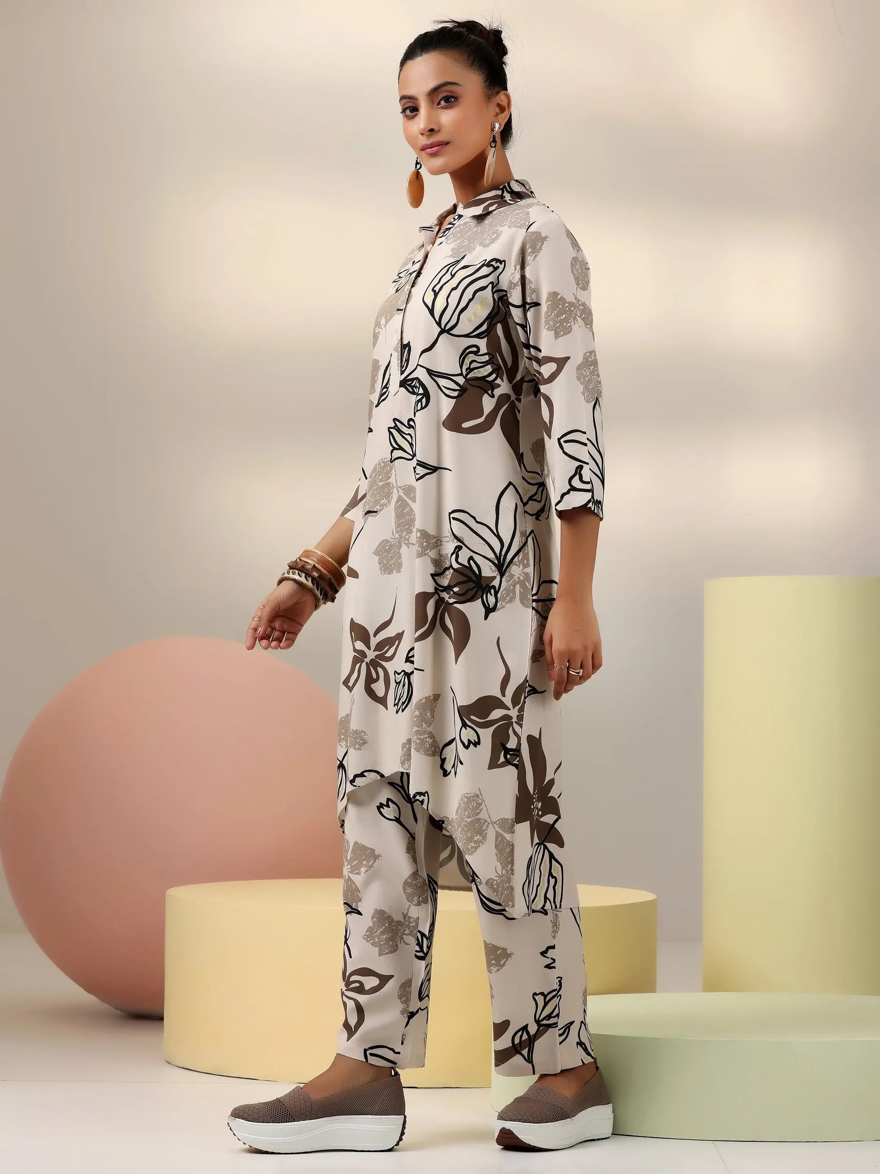 Beige Blossom Rayon Co-ord Set