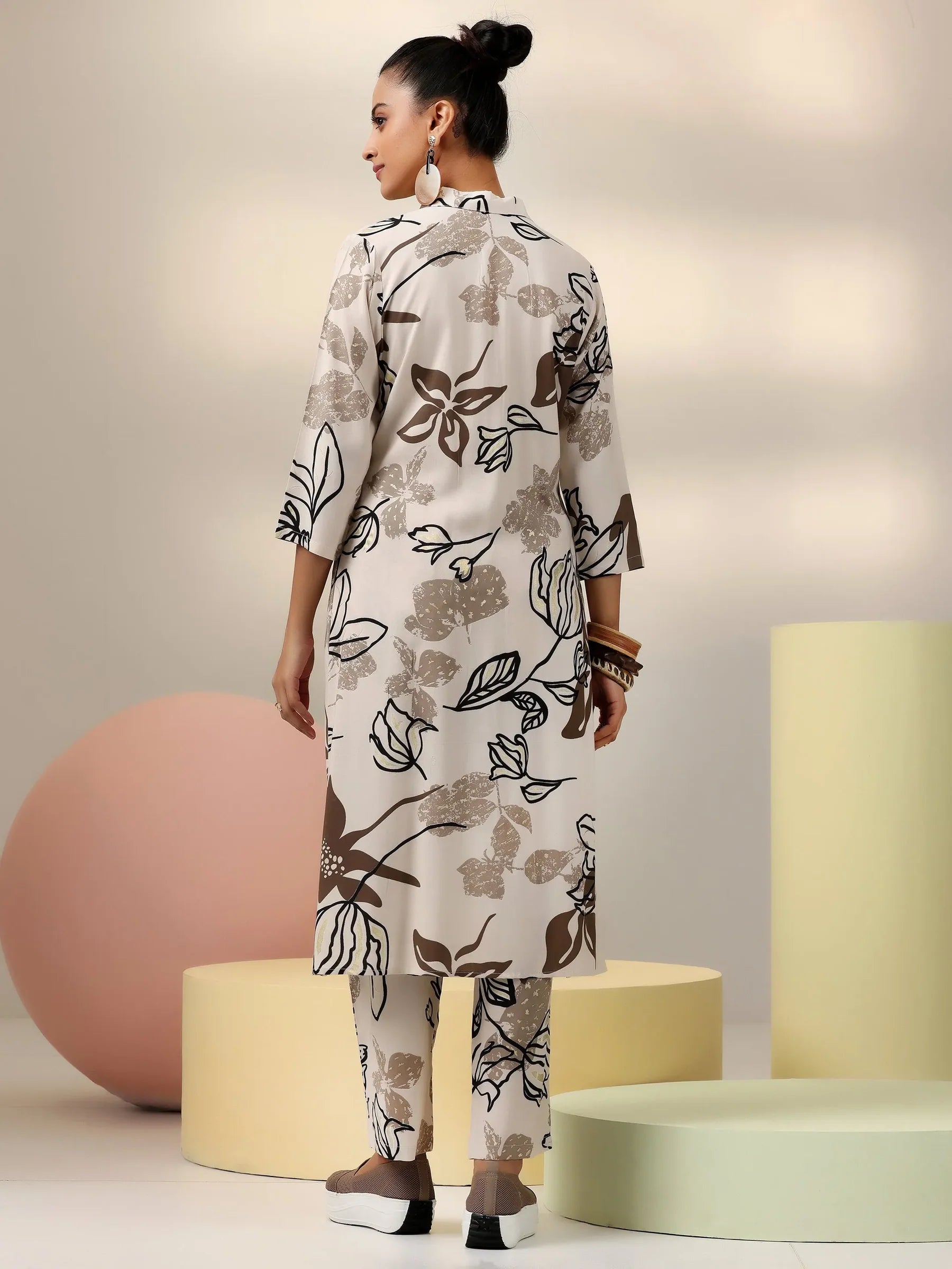 Beige Blossom Rayon Co-ord Set