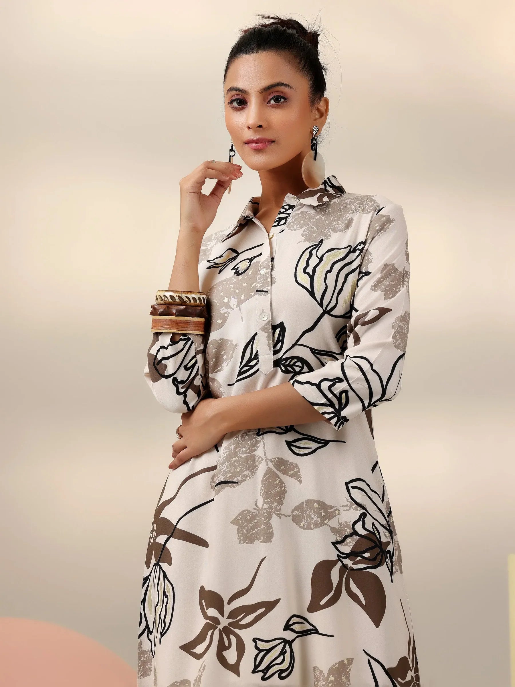 Beige Blossom Rayon Co-ord Set