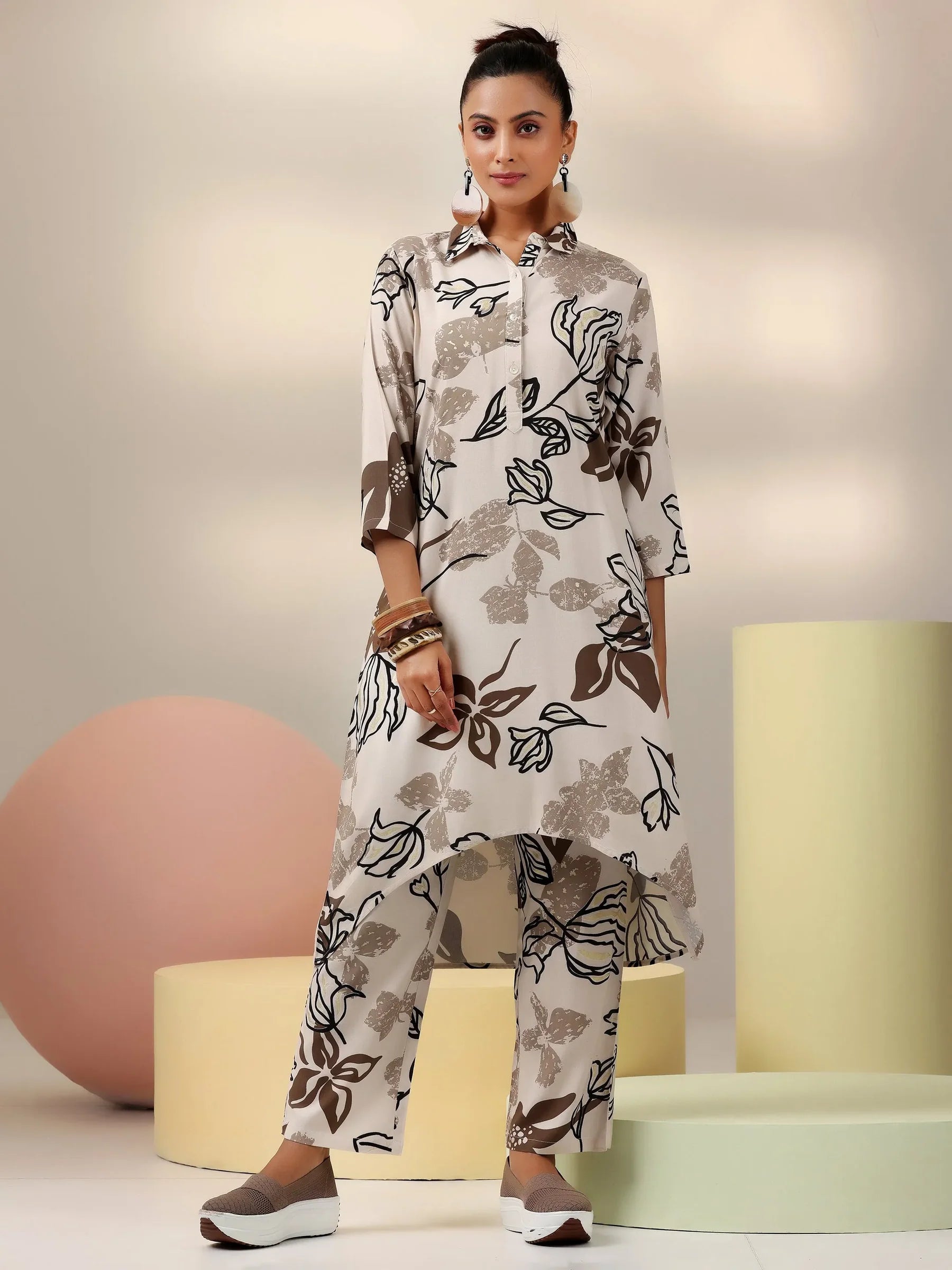 Beige Blossom Rayon Co-ord Set
