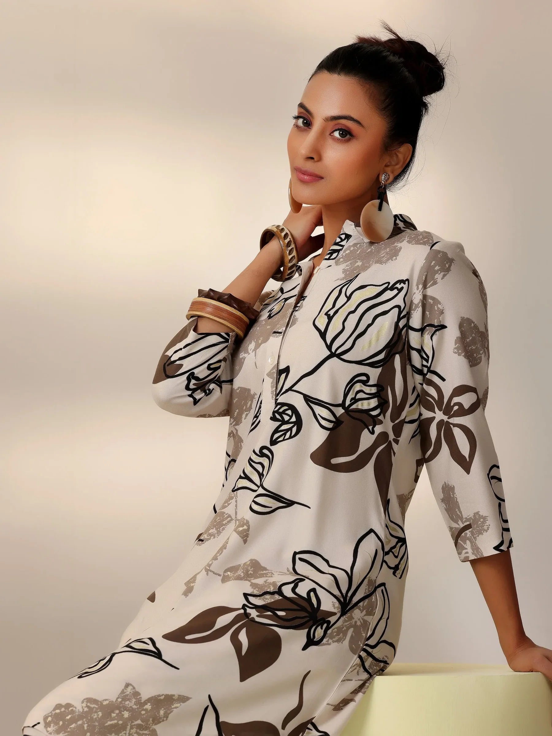 Beige Blossom Rayon Co-ord Set