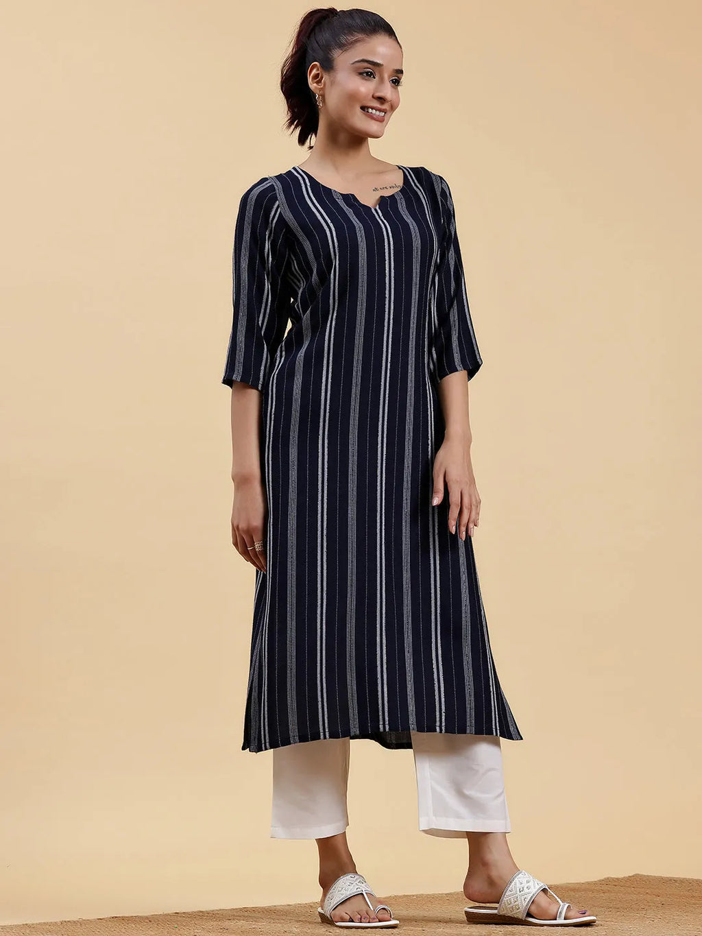 Myra Navy Woven Straight Kurta